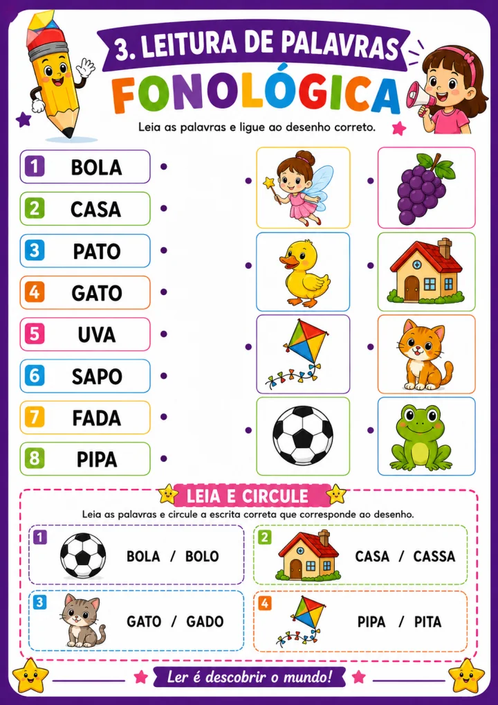 Página de atividade de leitura de palavras