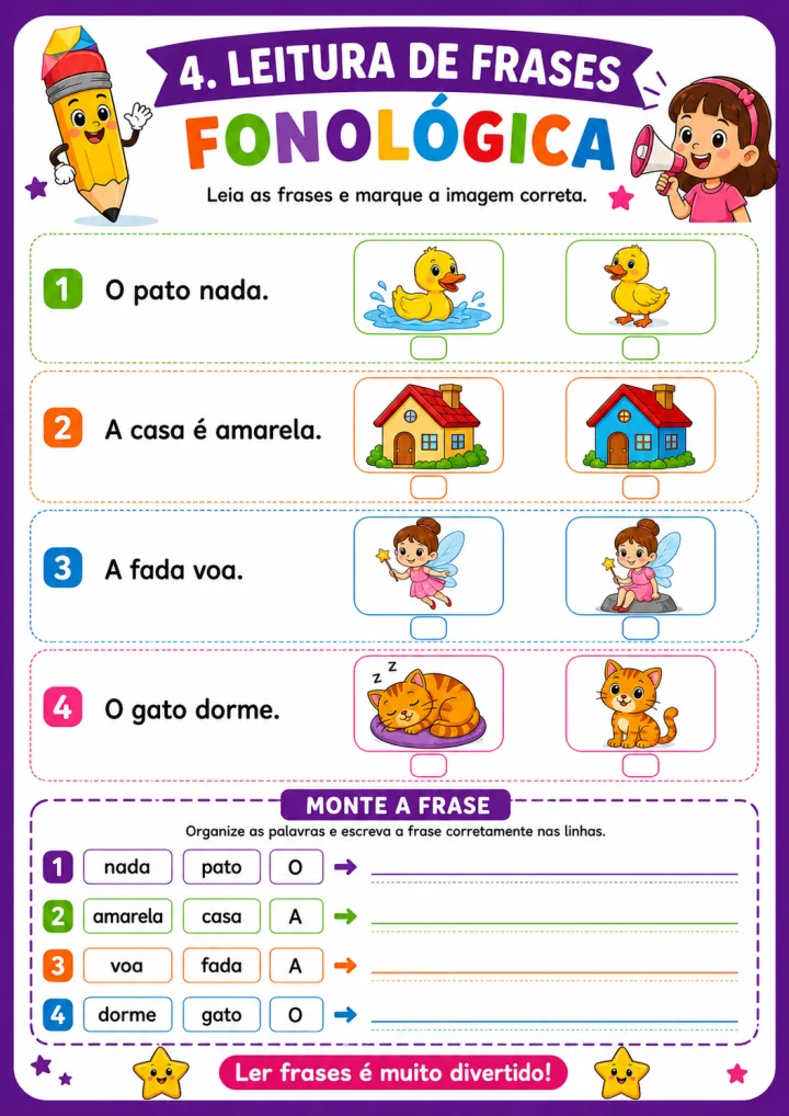 Página de atividade de leitura de frases