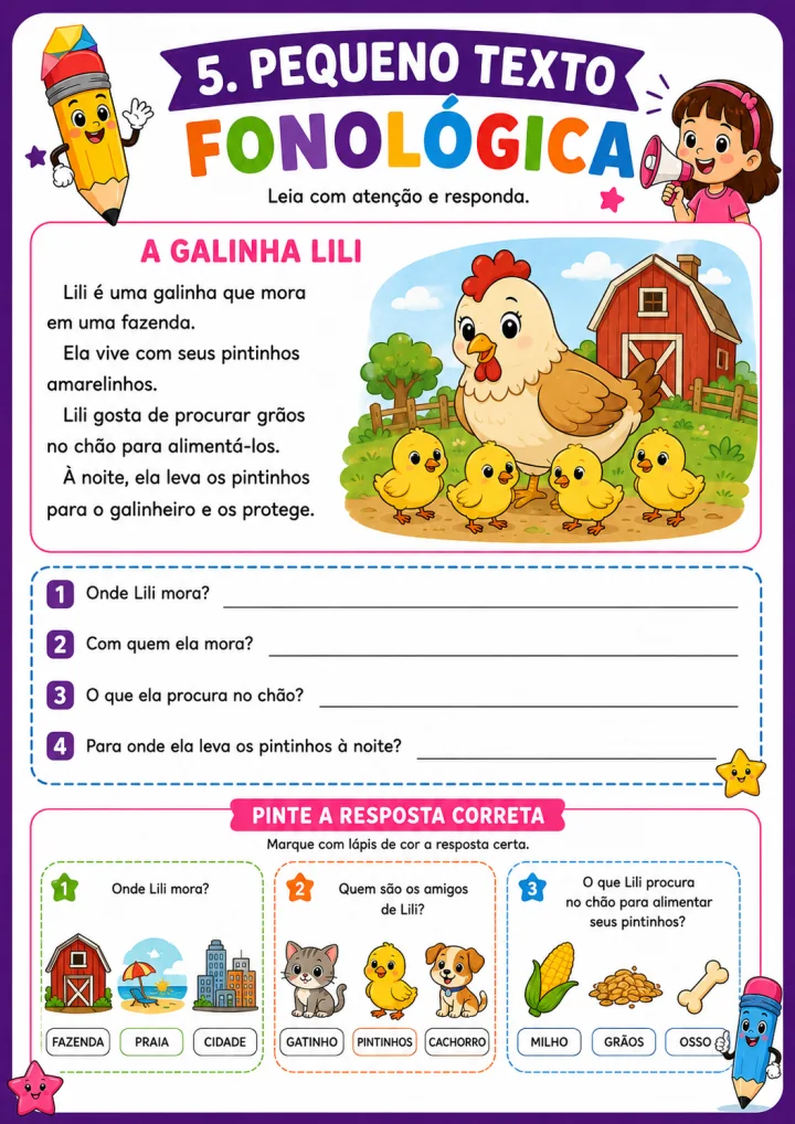 Página de atividade com pequenos textos