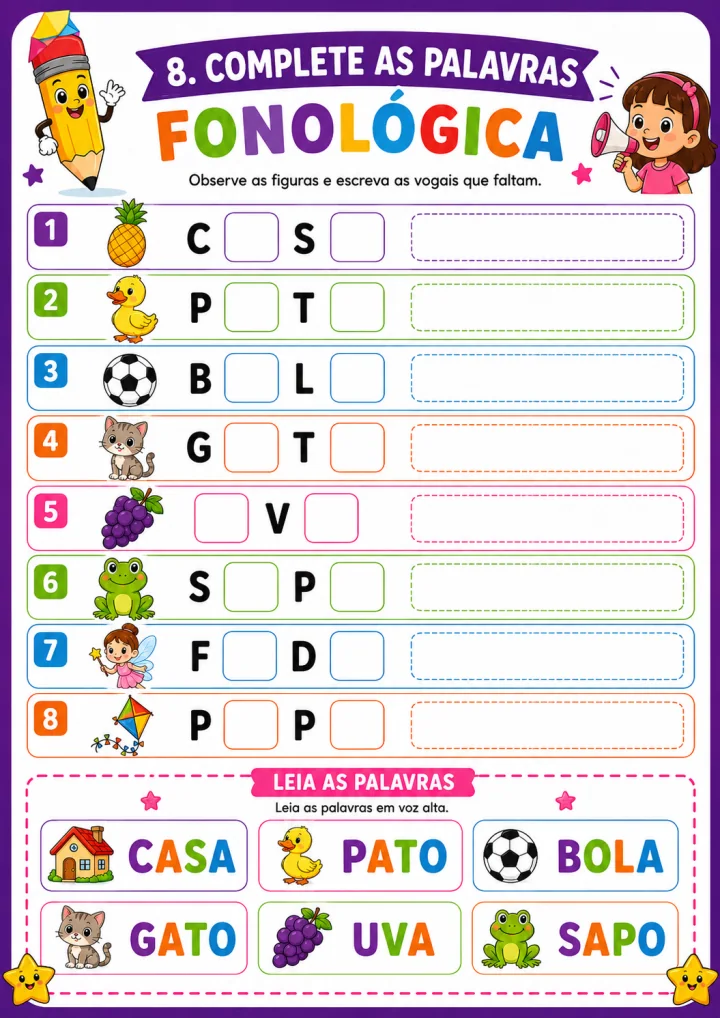Página de formação de palavras com exercício Complete as Palavras