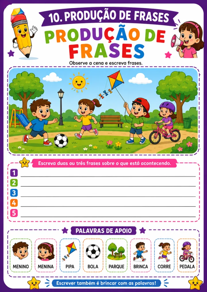 Página de escrita com atividade de produção de frases