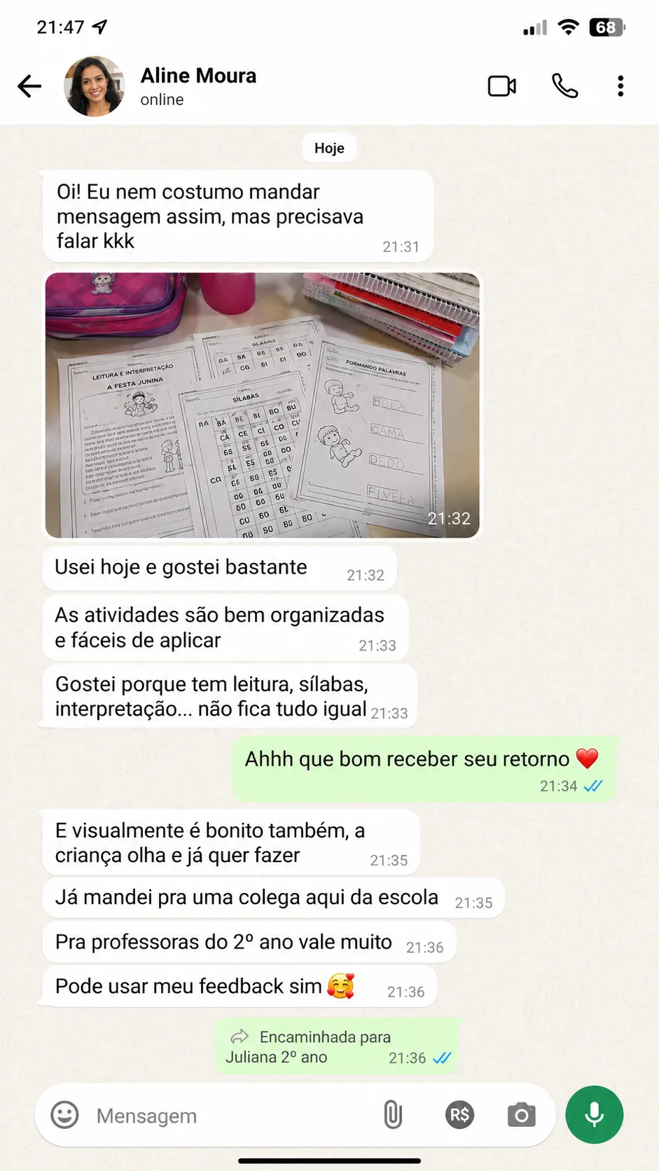 Print de conversa da Aline Moura mostrando atividades variadas de leitura, sílabas e formação de palavras
