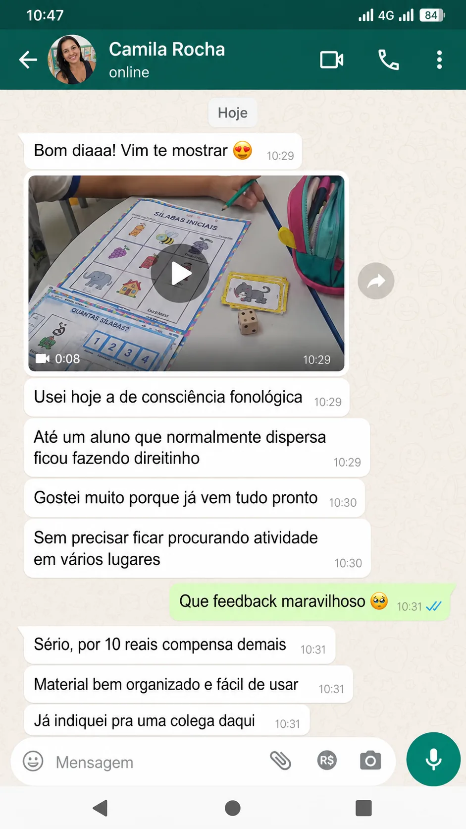 Print de conversa da Camila Rocha mostrando atividade de consciência fonológica aplicada em sala