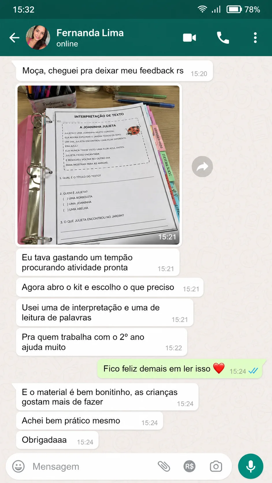 Print de conversa da Fernanda Lima mostrando atividade de interpretação de texto impressa