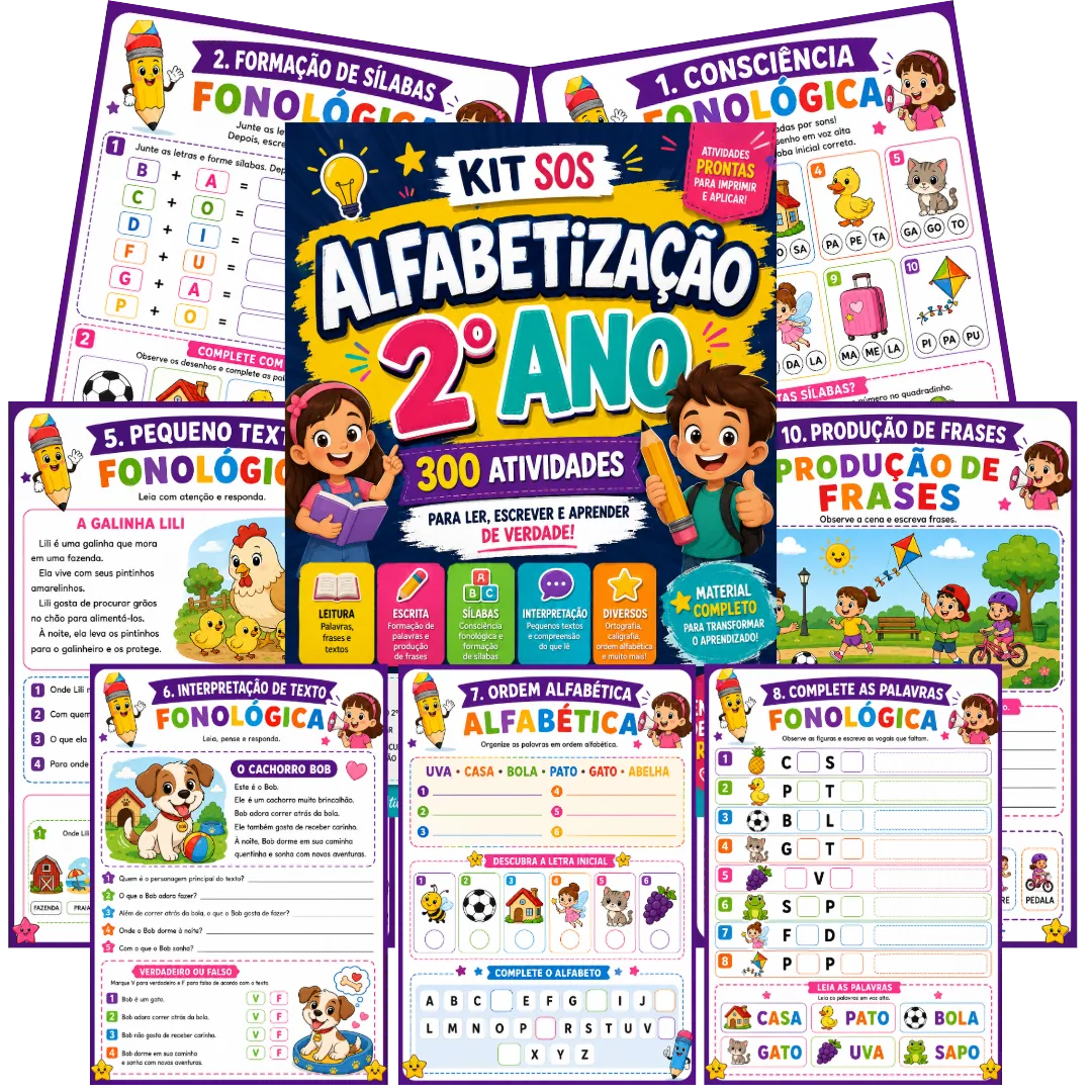Kit SOS Alfabetização com capa e amostras coloridas das atividades do 2º ano